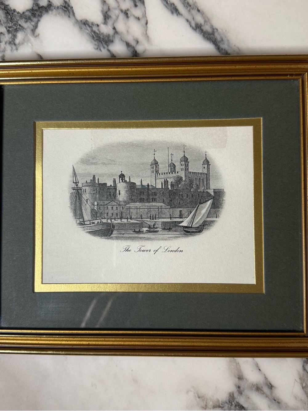 Vintage Framed Tower of London Engraving Art Print Gold Gilt Wood Frame Mat